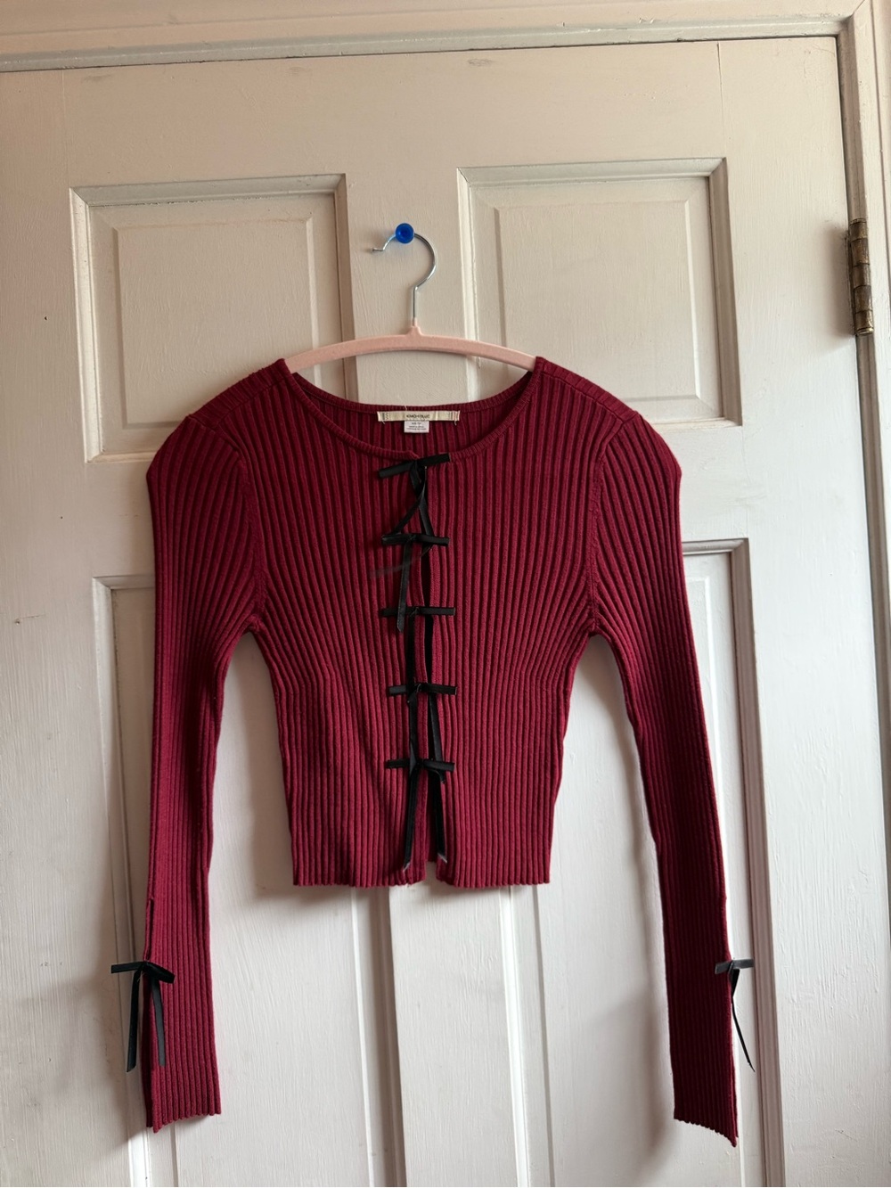 Kimchi Blue Burgundy Ribbed Long-Sleeve Tie-Front Top